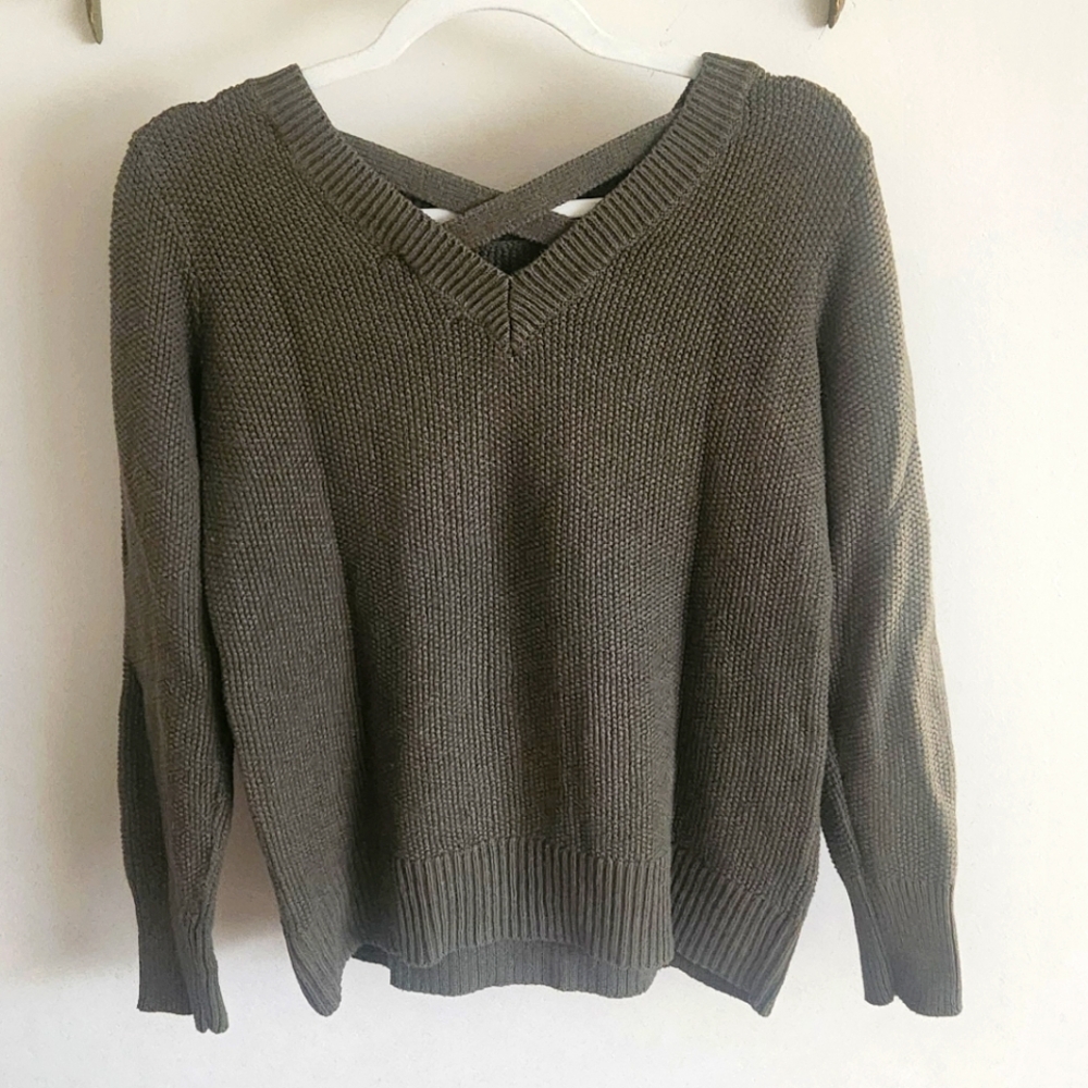 Women's Olive V-Neck Knit Sweater with Back Straps